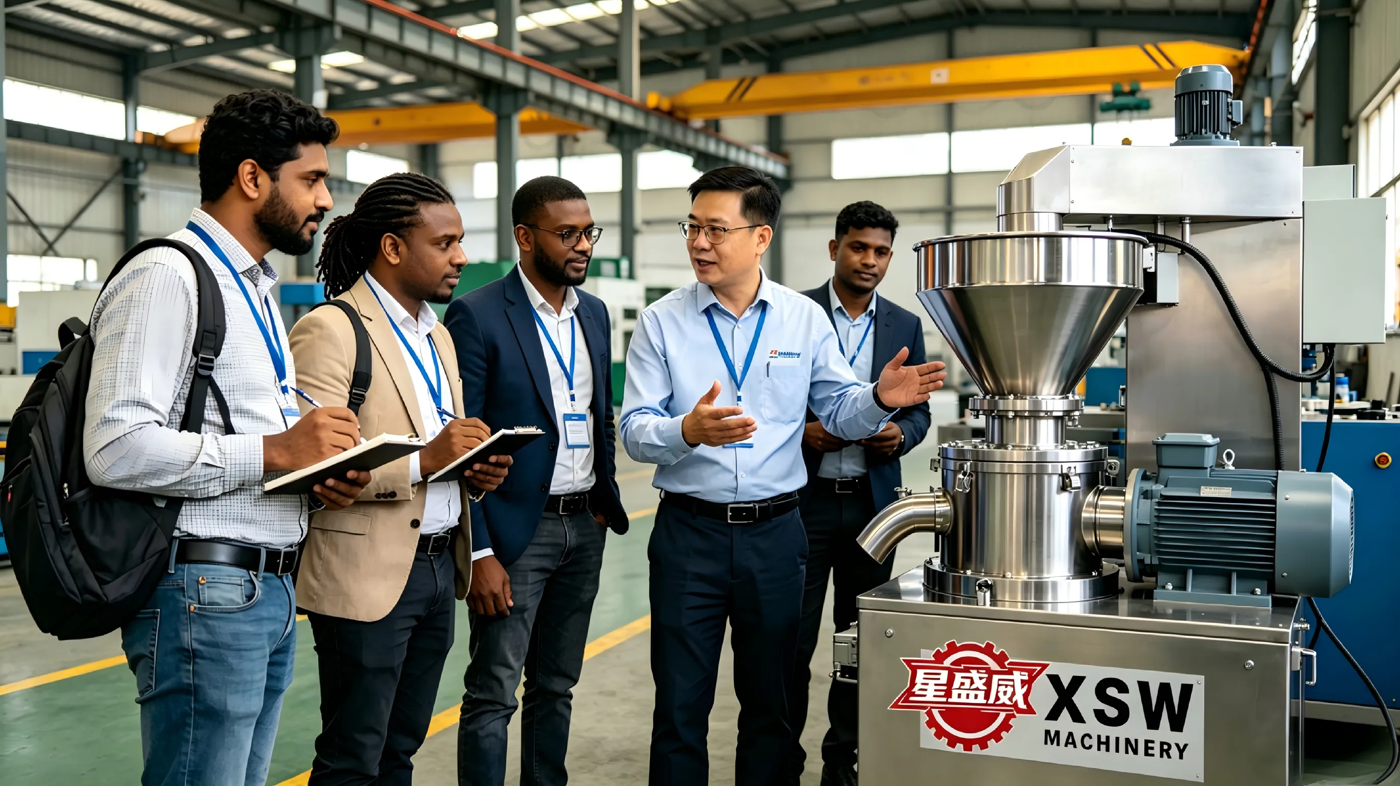Het team van overzeese agenten kwam naar de Xingshengwei-machinefabriek voor veldinspectie en zakelijke communicatie